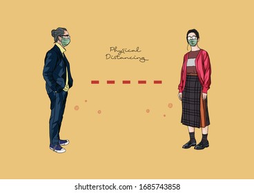 Vector Illustration of People practicing Social Distancing or Physical Distancing during COVID-19 pandemic / outbreak, Coronavirus changes our way of life