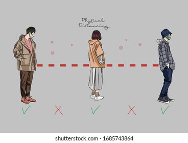 Vector Illustration of People practicing Social Distancing or Physical Distancing during COVID-19 pandemic / outbreak, Coronavirus changes our way of life