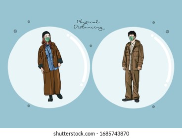 Vector Illustration of People practicing Social Distancing or Physical Distancing during COVID-19 pandemic / outbreak, Coronavirus changes our way of life