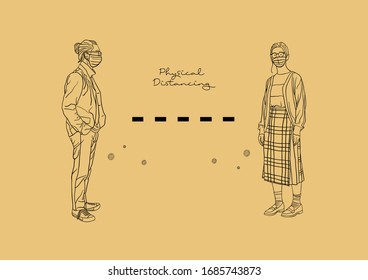 Vector Illustration of People practicing Social Distancing or Physical Distancing during COVID-19 pandemic / outbreak, Coronavirus changes our way of life