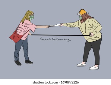 Vector Illustration of People practicing Social Distancing or Physical Distancing during COVID-19 pandemic / outbreak, Coronavirus changes our way of life