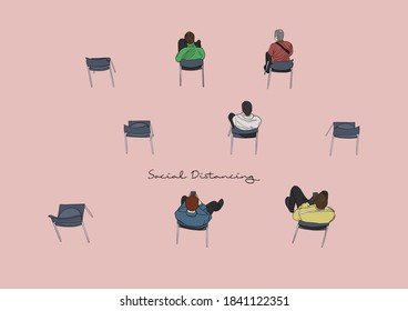 Ilustración vectorial de personas que practican el distanciamiento social durante la pandemia Covid-19, espaciamiento, sillas, público