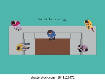 Vector Illustration of People Practicing Social Distancing during Covid-19 Pandemic, Couch, Sofa