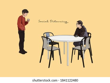 Vector Illustration of People Practicing Social Distancing during Covid-19 Pandemic, Coffee, Table, Chair, Chatting
