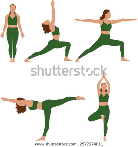 Vector illustration. People practicing yoga, set of poses. characters for books, flexibility exercises. Sports figures, training, health, fitness