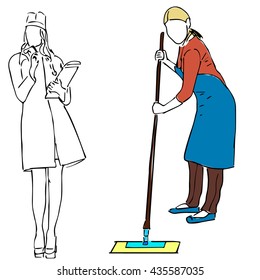 Vector illustration of people professions Two girls, cleaner and a nurse. Realistic full length hand drawn sketch in doodle style.