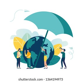 Vector illustration, people protect the planet, covering it with an umbrella