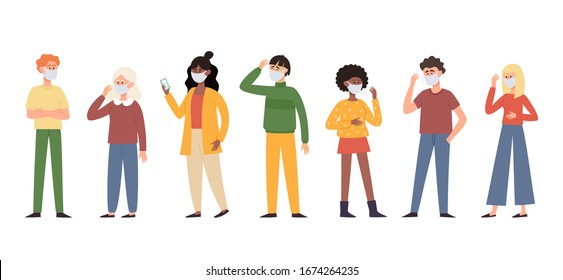 Vector illustration of people in protective face dust masks isolated on white. Bundle of street fashion men and women in wearing protection from urban air pollution, airborne diseases, coronavirus.