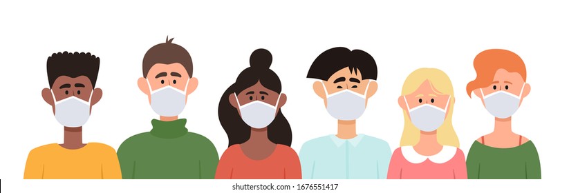 Vector illustration of people in protective face dust masks isolated on white. Bundle of portrait men and women wearing protection from urban air pollution, airborne diseases, coronavirus.