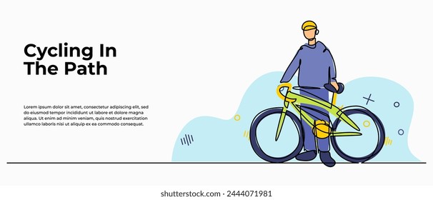 Vector illustration of people pushing bicycles while walking . Modern flat in continuous line style.