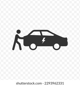 Ilustración vectorial de personas empujando el icono de los coches eléctricos en color oscuro y fondo transparente (png).
