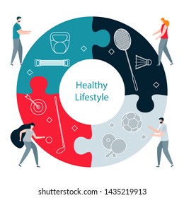 Vector illustration with people, puzzle, badminton, table tennis, golf equipment, kettlebell, chest expander training, darts, soccer ball. Sport. Healthy lifestyle. Design for websites, print