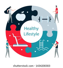 Vector illustration with people, puzzle, dumbbell, pool, treadmill. Sport. Fitness. Workout for wellness, activity. Healthy lifestyle. Design for app, websites, print, presentation.