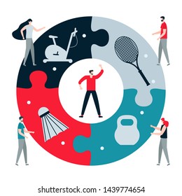 Vector illustration with people, puzzle, exercise bike, kettlebell, tennis, badminton equipment. Fitness. Sport. Workout for wellness, activity. Healthy lifestyle. Design for app, websites, print.