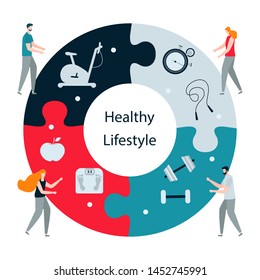 Vector illustration with people, puzzle, exercise bike, jump rope, stopwatch, scales, dumbbells. Sport. Workout for wellness, activity. Healthy lifestyle. Design for app, websites, print