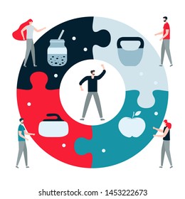 Vector illustration with people, puzzle, kettlebell, curling equipment, smoothie, apple. Sport. Workout for wellness, activity. Healthy lifestyle. Proper nutrition. Design for app, websites, print