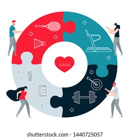 Vector illustration with people, puzzle, treadmill, badminton equipment, dumbbell, checklist, drink. Sport. Workout for wellness, activity. Healthy lifestyle. Design for app, websites, print
