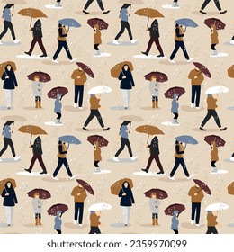 Vector illustration of people in the rain. Autumn mood. Trendy retro style on beige. Seamless fall pattern.