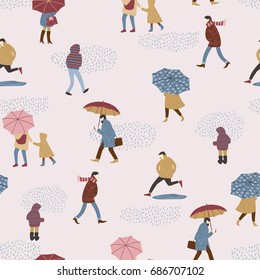 Vector illustration of people in the rain. Autumn mood. Trendy retro style. Seamless pattern.