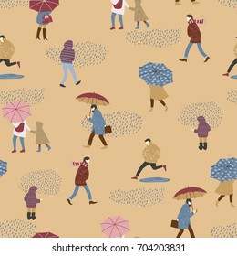 Vector illustration of people in the rain. Autumn mood. Trendy retro style. Seamless pattern.