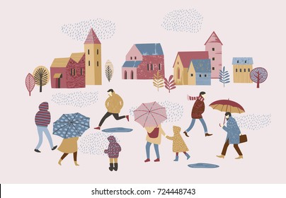 Vector illustration of people in the rain. Autumn mood. Trendy retro style.