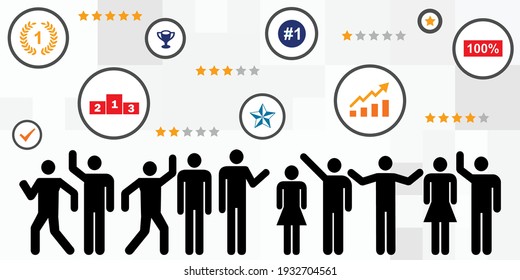 vector illustration of people and ranking symbols for customers reviews and feedback