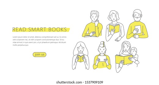 Vector illustration of a people reading a book in a trendy minimalistic style. Banner, flyer or landing page template. World book day or international literacy day.