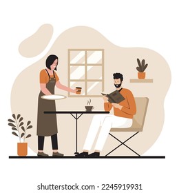 Ilustración vectorial de la gente leyendo un libro en una cafetería. Ilustración para sitio web, página de inicio, aplicación móvil, afiche y banner. Ilustración vectorial plana de moda