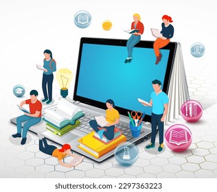 Vector illustration of people reading books while sitting on a laptop. Use as a landing page for online education courses, tutorials, and lectures. 
