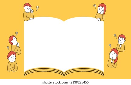 Vector illustration of Question.　Thinking people reading a huge open book.