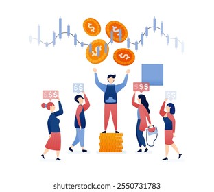 vector illustration of People referring friends for banking and investment opportunities, symbolized by candlestick charts and financial transactions for growth and wealth building