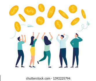 vector illustration, people rejoice in the rain of coins, prices are falling big offers. Winning the lottery. successful business move