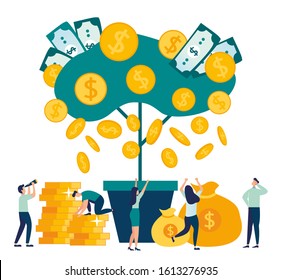 Vector illustration, people rejoice in the rain of coins, money tree, prices are falling big offers. Winning the lottery. successful business