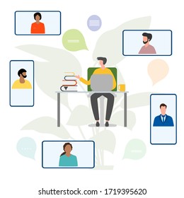 Vector illustration People Remote work. Work chat on devices. Quarantine COVID-19. Video conference for collective discussion online. Webinar Presentation Business consulting,  virtual meeting concept