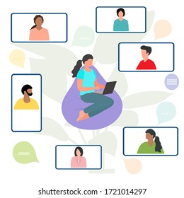 Vector illustration People Remote work. Work chat on devices. Quarantine COVID-19. Video conference for collective discussion online. Webinar Presentation Business consulting,  virtual meeting concept