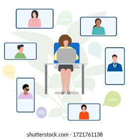 Vektorgrafik Menschen Remote-Arbeit. Arbeiten Sie mit Geräten chatten. Quarantäne COVID-19. Videokonferenz für gemeinsame Diskussion online. Webinar Präsentation Business Consulting, virtuelles Meeting-Konzept