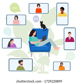Ilustración vectorial Trabajo remoto de personas. Trabajar en chat en equipos. Cuarentena COVID-19. Videoconferencia para discusión colectiva en línea. Presentación de seminarios web Consultoría de negocios, concepto de reunión virtual