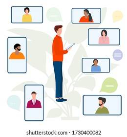 Vector illustration People Remote work. Work chat on devices. Quarantine COVID-19. Video conference for collective discussion online. Webinar Presentation Business consulting,  virtual meeting concept