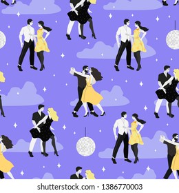 Vector illustration of a people at a retro dance club dancing salsa, ballroom dance or samba. Men and women at a disco night party. Seamless pattern for wallpaper, fabric, textile or other decor.