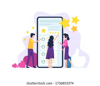 Vector illustration People review the application. Men and women in front of the smartphone screen give a rating. Concept of customer reviews and satisfaction. Vector illustration in flat style
