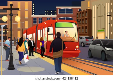 A vector illustration of people riding and boarding a street car