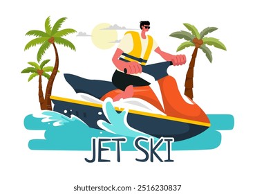 Ilustração vetorial de pessoas cavalgando Jet Skis com férias de verão Recreação e Resort Beach Atividades em Plano Extreme Water Sports Fundo
