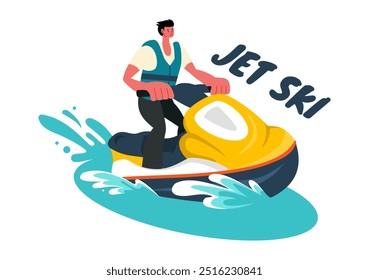 Vector Illustration of People Riding Jet Skis with Summer Vacation Recreation and Resort Beach Activities in Flat Extreme Water Sports Background