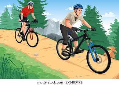 A vector illustration of people riding mountain bikes on the mountain