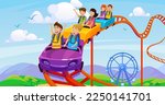 Vector illustration of people riding a rollercoaster in an amusement park. Fun cartoon background with happy boys and girls enjoying the ride. Excited kids with parents on an attraction at a fair.