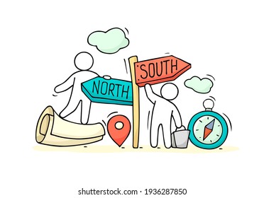 Vector illustration - people with road sign. Travelers using compass and map for navigation and orientation. Adventure concept cartoon style design.