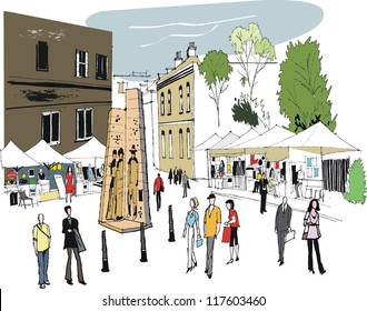 Vector illustration of people at The Rocks tourist attraction, Sydney Australia