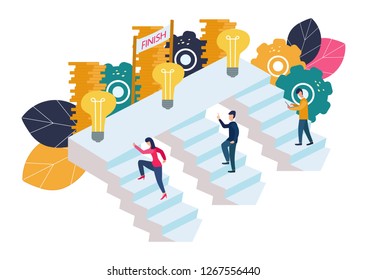 Vector illustration, people run and go to their goal on the stairs, raise motivation, the way to achieve the goal