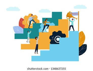 Vector illustration, people run and go to their goal on the stairs, raise motivation, the way to achieve the goal