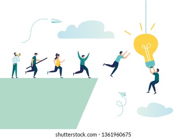 vector illustration, people run over a cliff, trying to get an idea, incentive to win